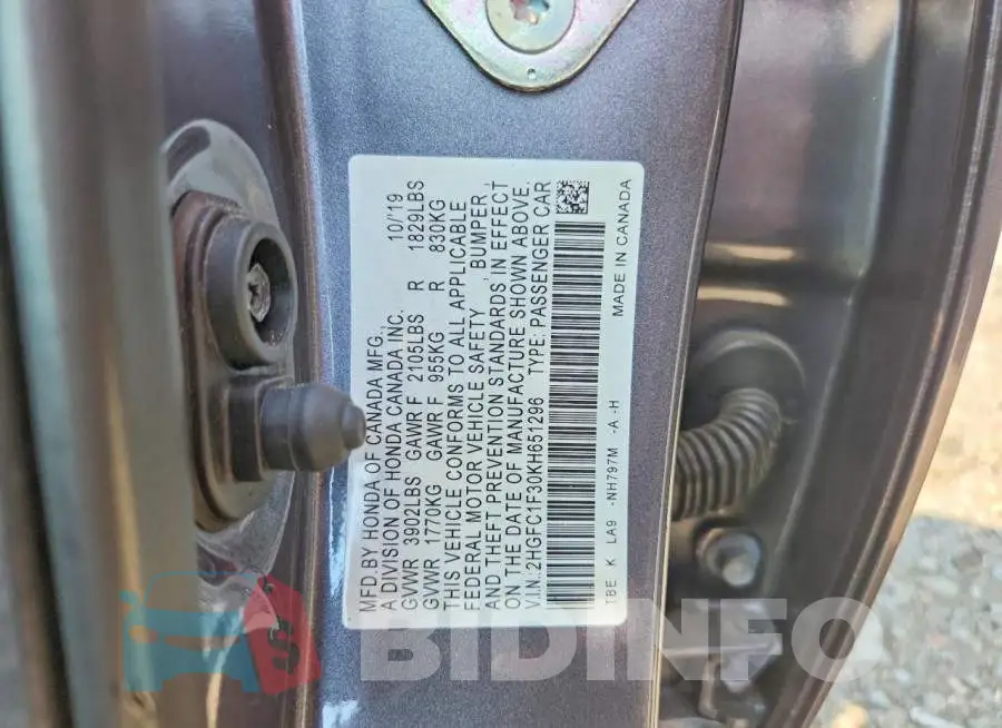 2HGFC1F30KH651296 Photo# 12