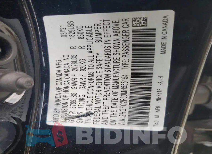 2HGFC2F60MH555154 Photo# 12