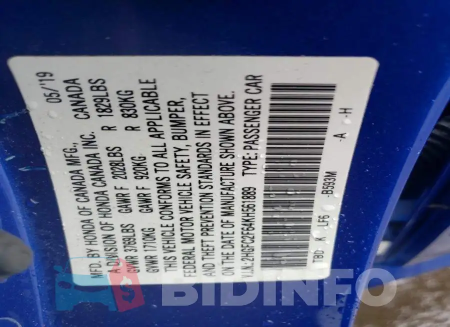 2HGFC2F64KH561889 Photo# 13