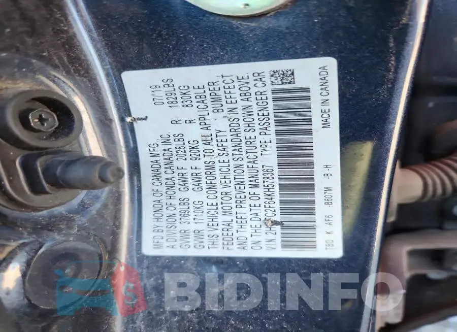 2HGFC2F64KH578367 Photo# 12