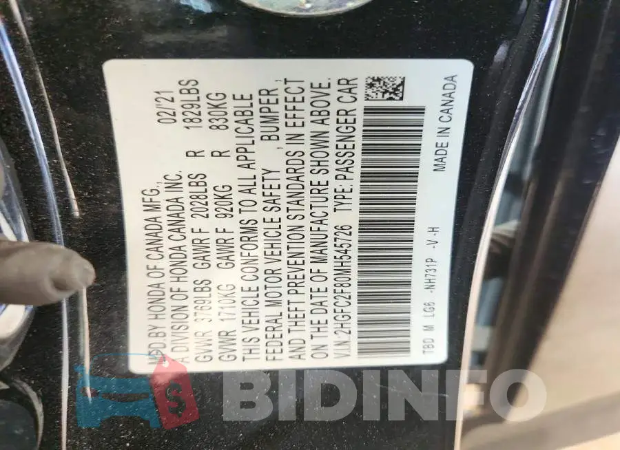 2HGFC2F80MH545726 Photo# 13