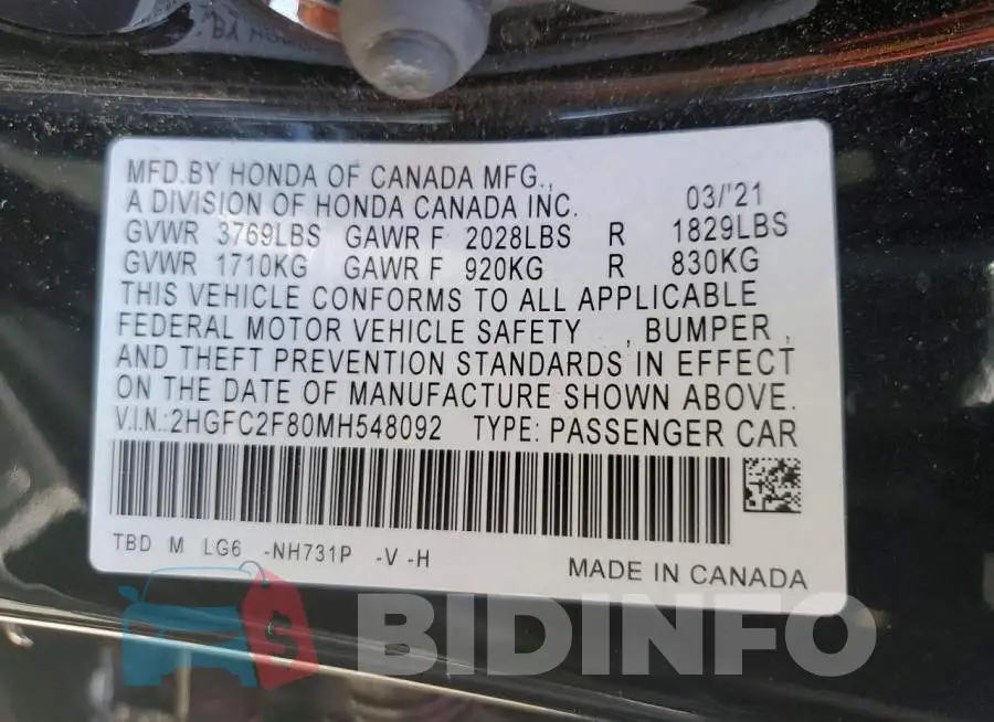 2HGFC2F80MH548092 Photo# 12
