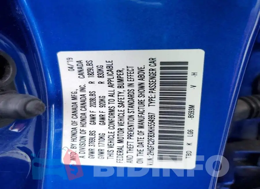 2HGFC2F83KH554997 Photo# 12