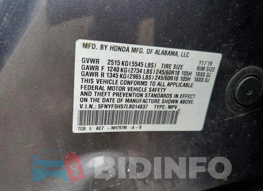 5FNYF5H57LB014837 Photo# 13