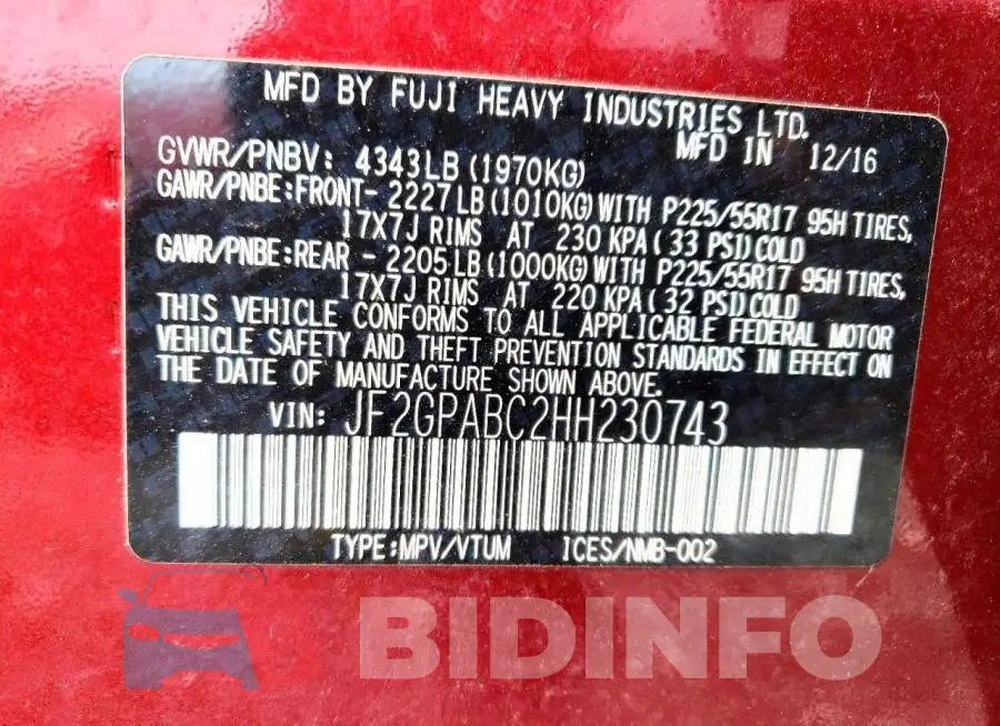 JF2GPABC2HH230743 Photo# 13