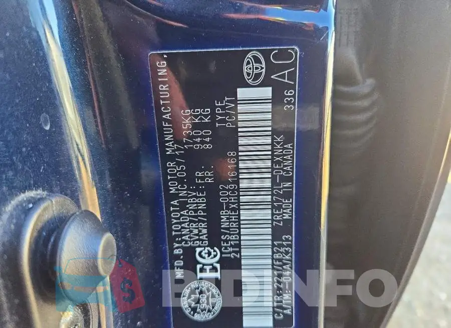 2T1BURHEXHC916168 Photo# 12