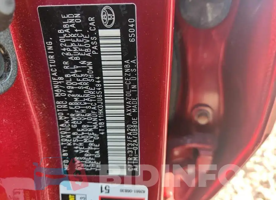 4T1B11HK0JU654844 Photo# 12