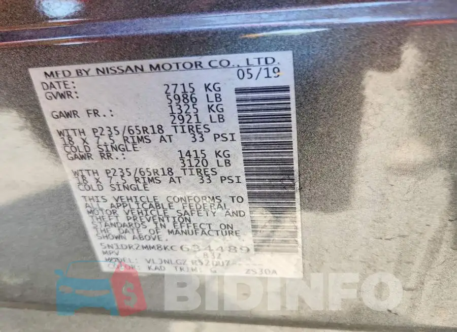 5N1DR2MM8KC634489 Photo# 12