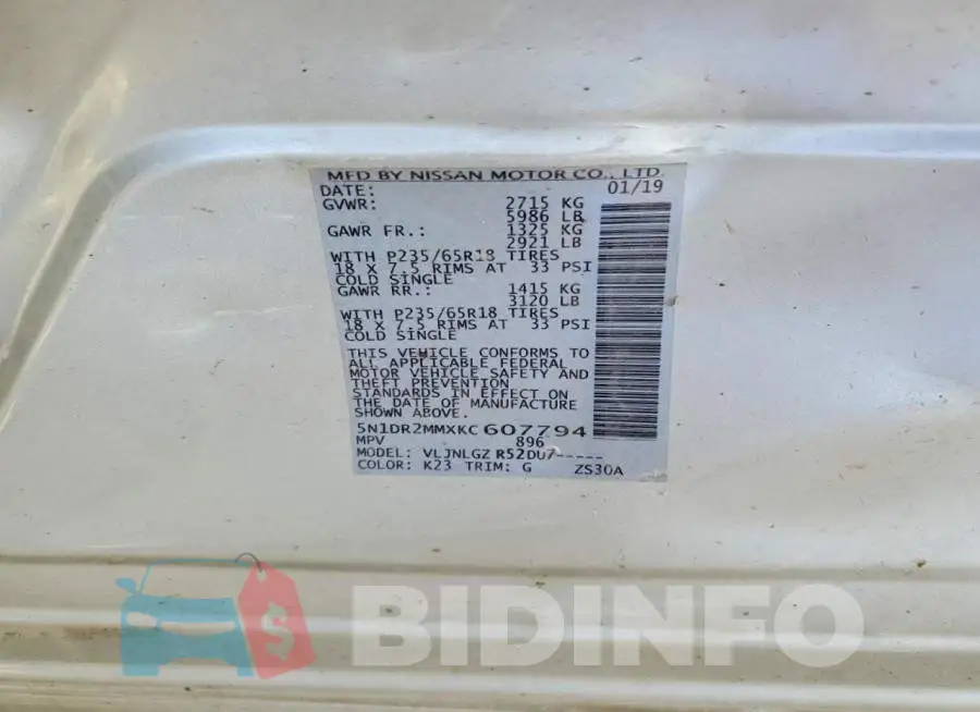 5N1DR2MMXKC607794 Photo# 12