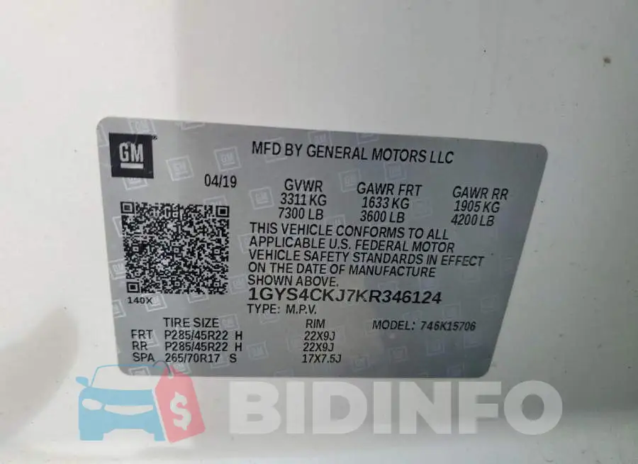 1GYS4CKJ7KR346124 Photo# 13