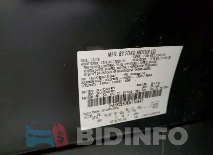 1FAHP2E83KG110842 Photo# 12