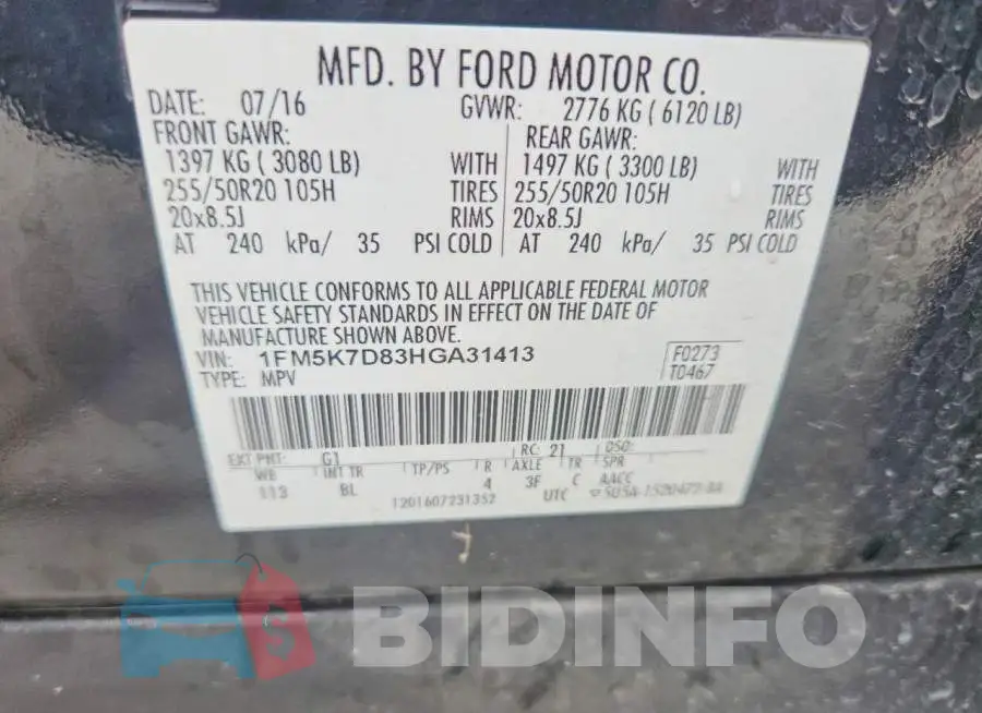 1FM5K7D83HGA31413 Photo# 13