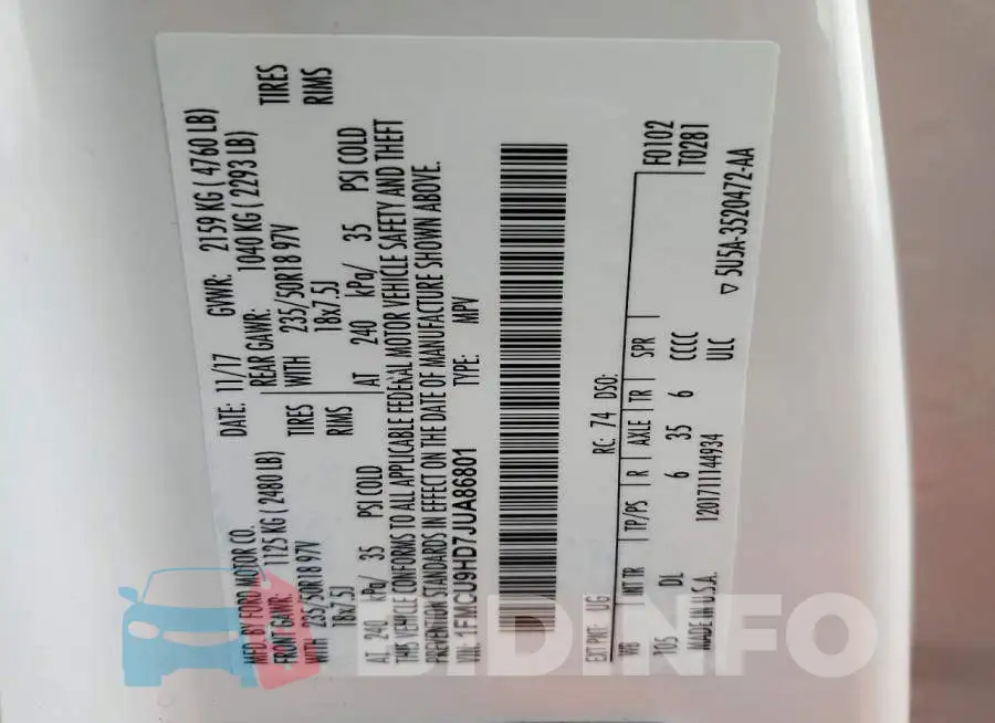1FMCU9HD7JUA86801 Photo# 13