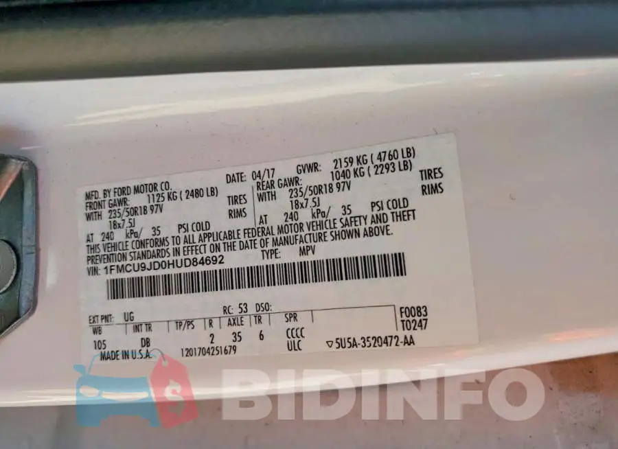 1FMCU9JD0HUD84692 Photo# 13