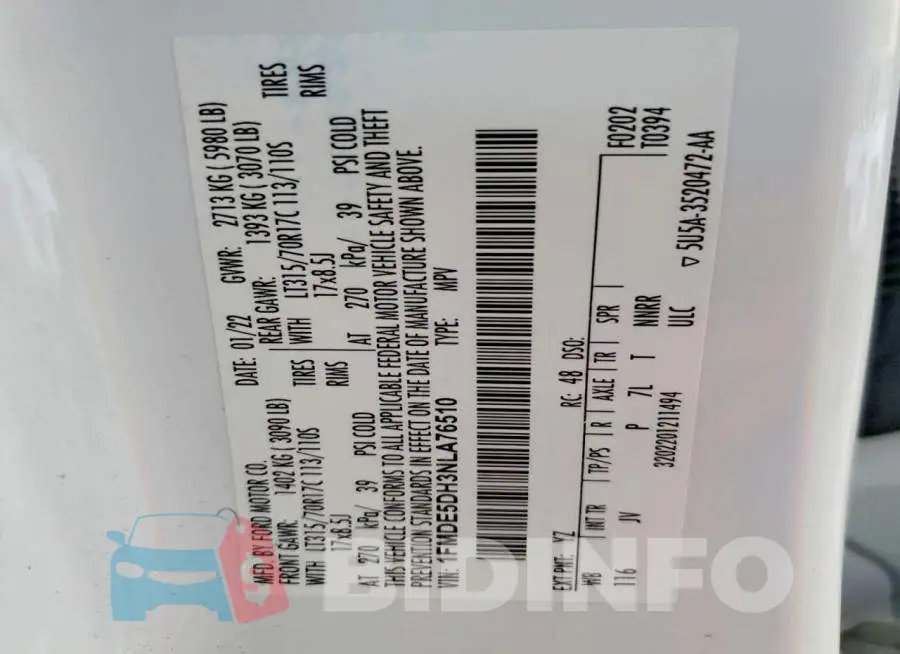 1FMDE5DH3NLA76510 Photo# 13