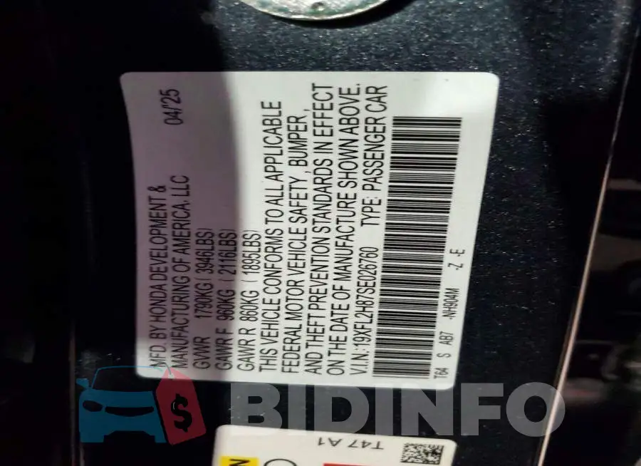 19XFL2H87SE026760 Photo# 12