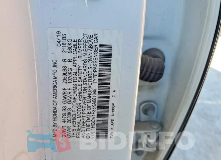 1HGCV1F33KA081645 Photo# 12