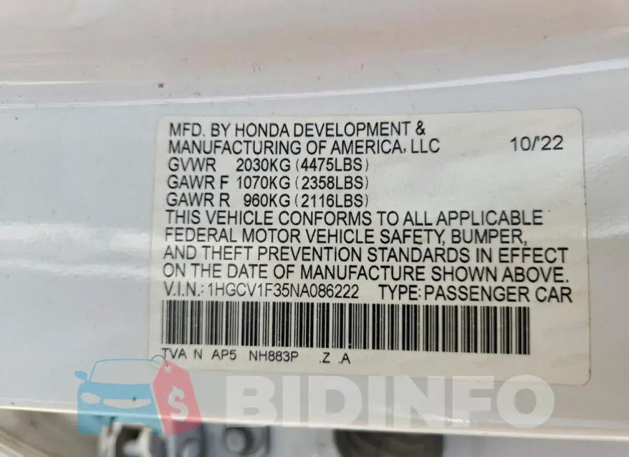 1HGCV1F35NA086222 Photo# 13
