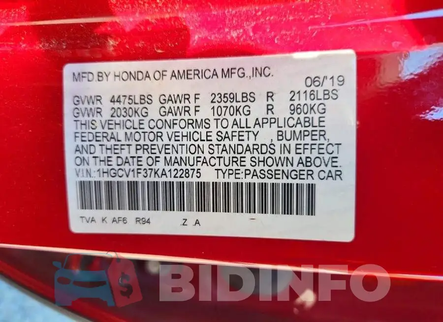1HGCV1F37KA122875 Photo# 12