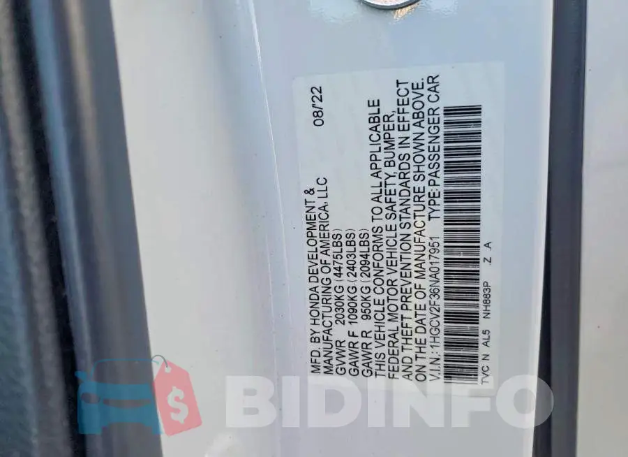 1HGCV2F36NA017951 Photo# 12