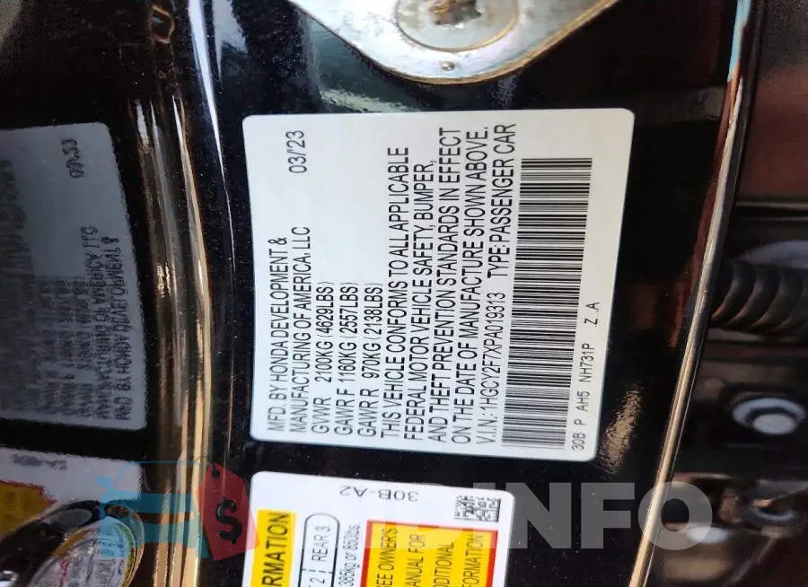 1HGCY2F7XPA019313 Photo# 12