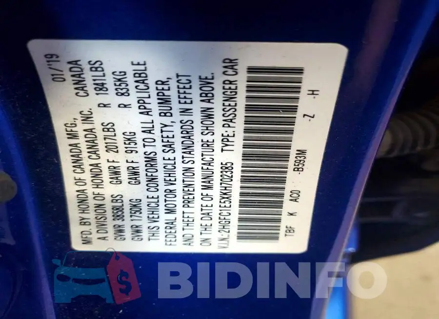 2HGFC1E5XKH702385 Photo# 12