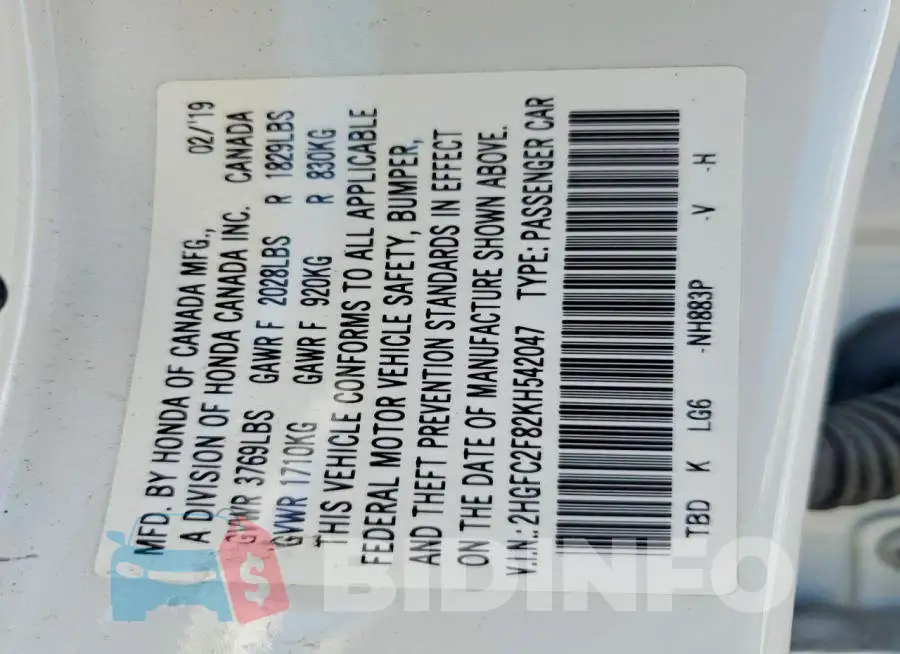 2HGFC2F82KH542047 Photo# 12
