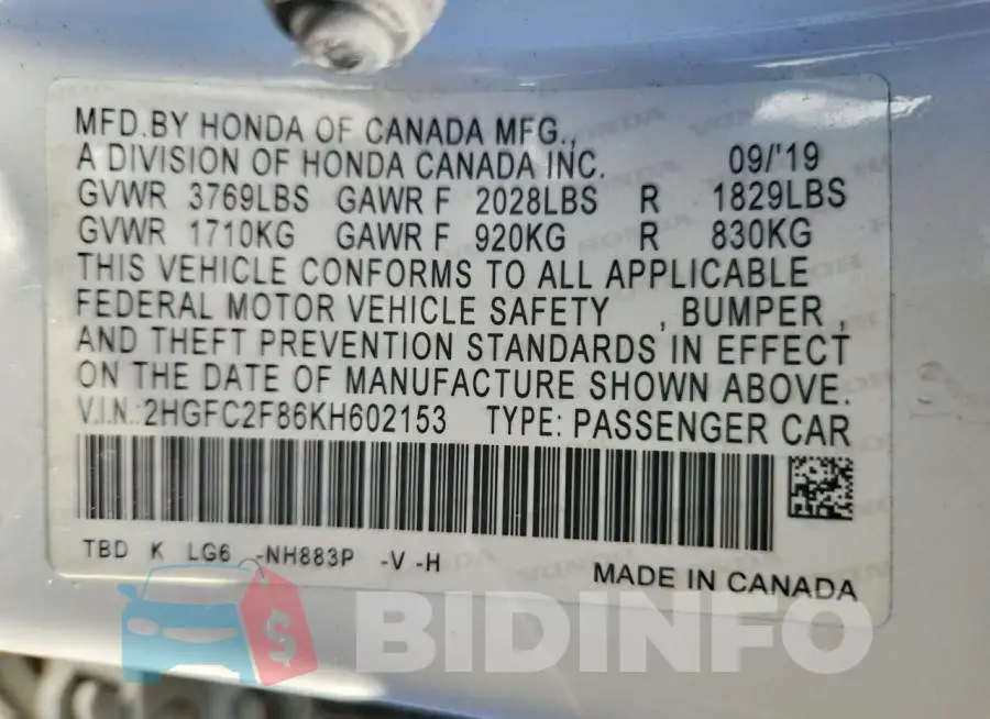 2HGFC2F86KH602153 Photo# 12