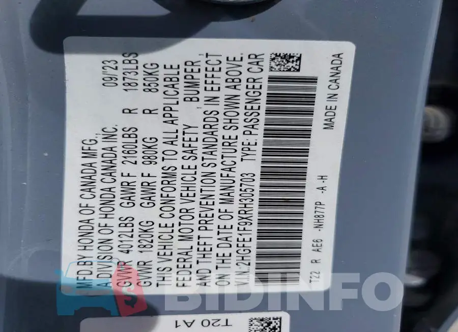 2HGFE1F9XRH305703 Photo# 13