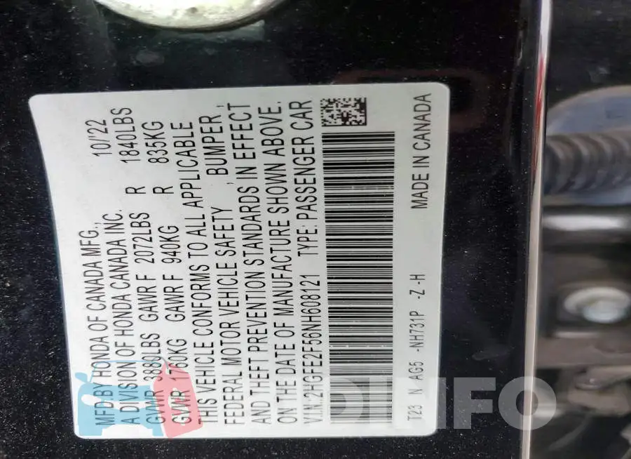 2HGFE2F56NH608121 Photo# 13