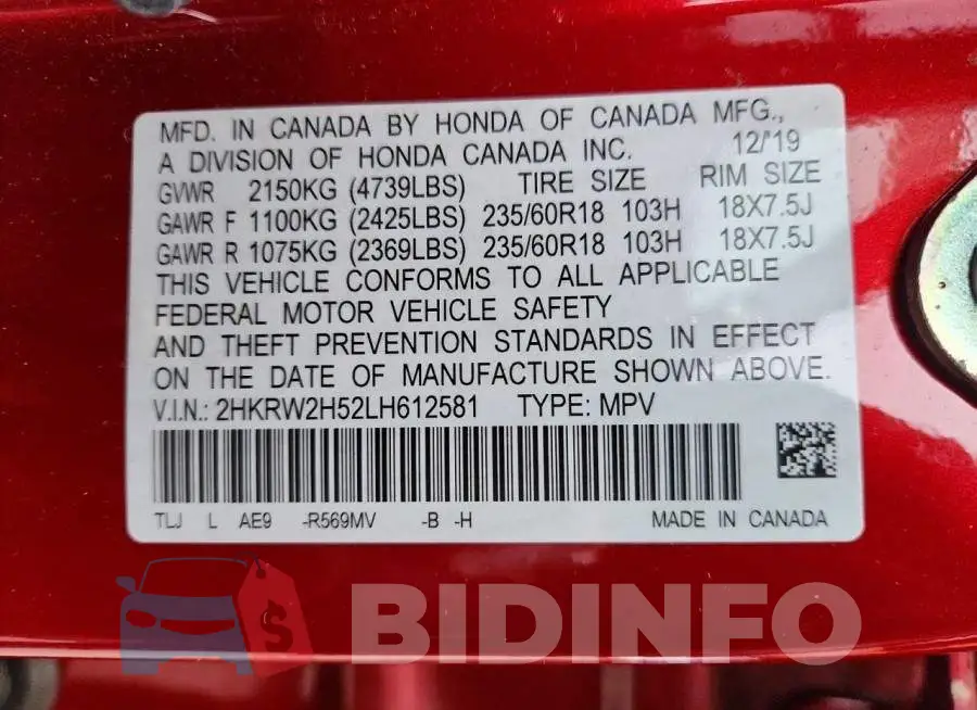 2HKRW2H52LH612581 Photo# 13