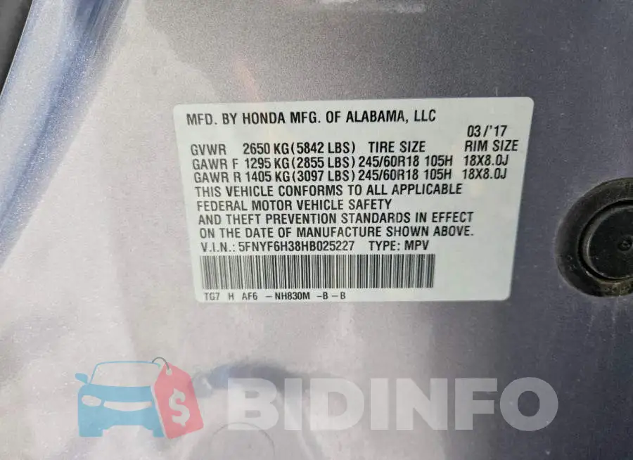 5FNYF6H38HB025227 Photo# 14