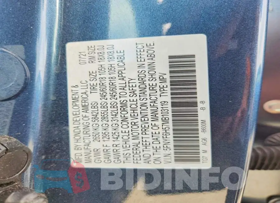 5FNYF6H57MB103119 Photo# 13