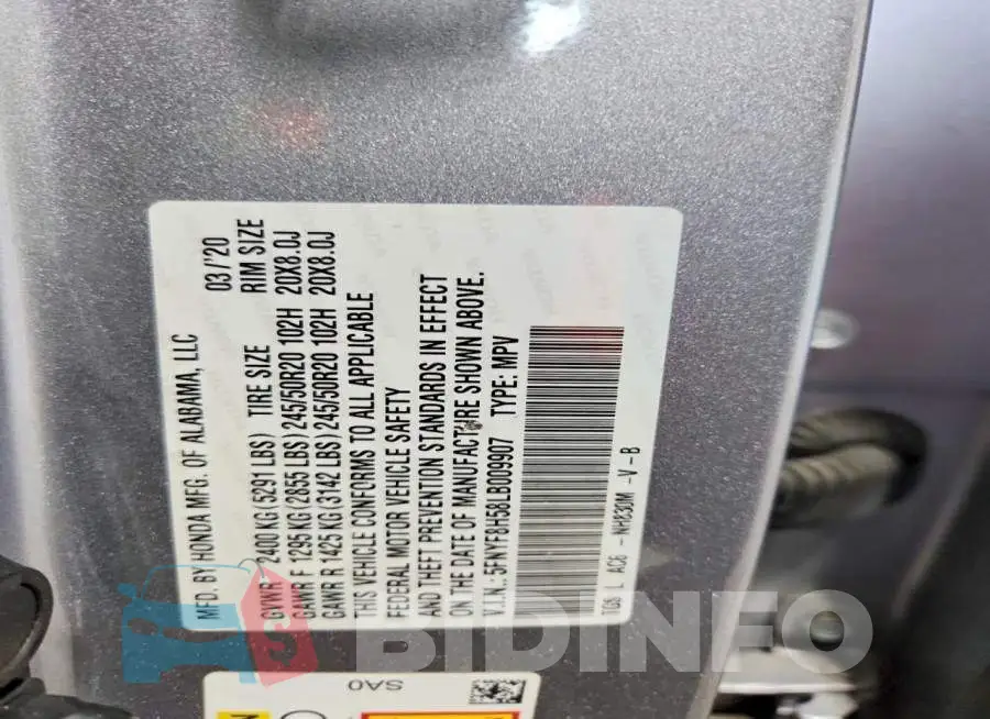 5FNYF8H58LB009907 Photo# 13
