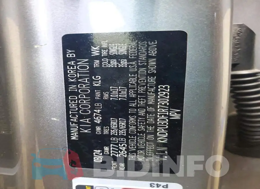 KNDPU3DF1R7302923 Photo# 12