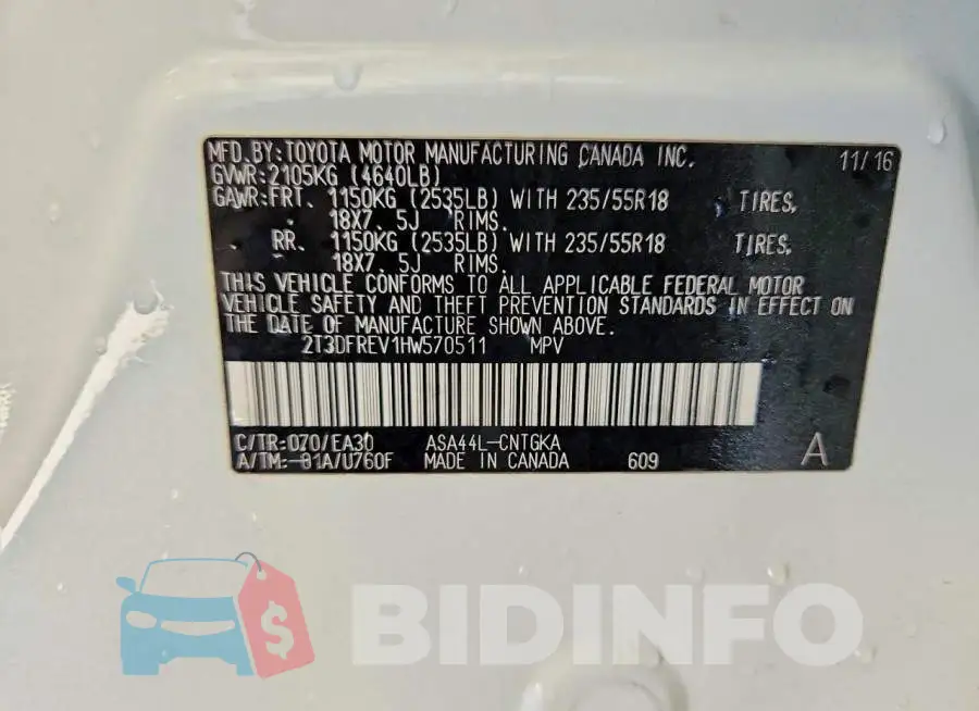2T3DFREV1HW570511 Photo# 13