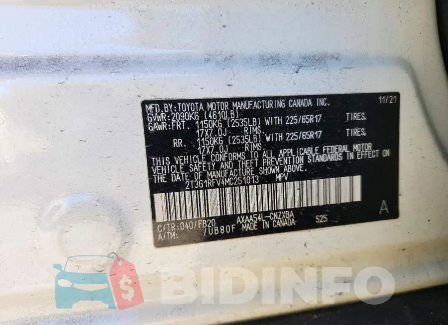 2T3G1RFV4MC251013 Photo# 13