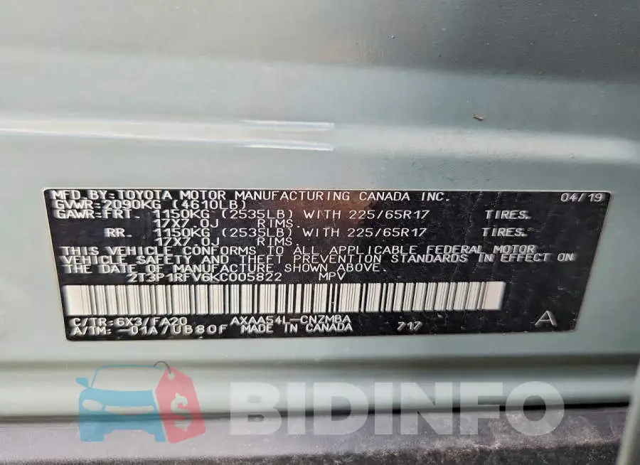 2T3P1RFV6KC005822 Photo# 13