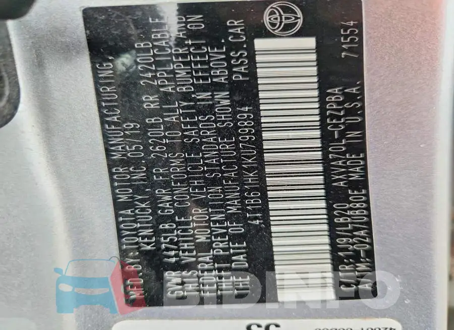 4T1B61HK1KU799894 Photo# 12