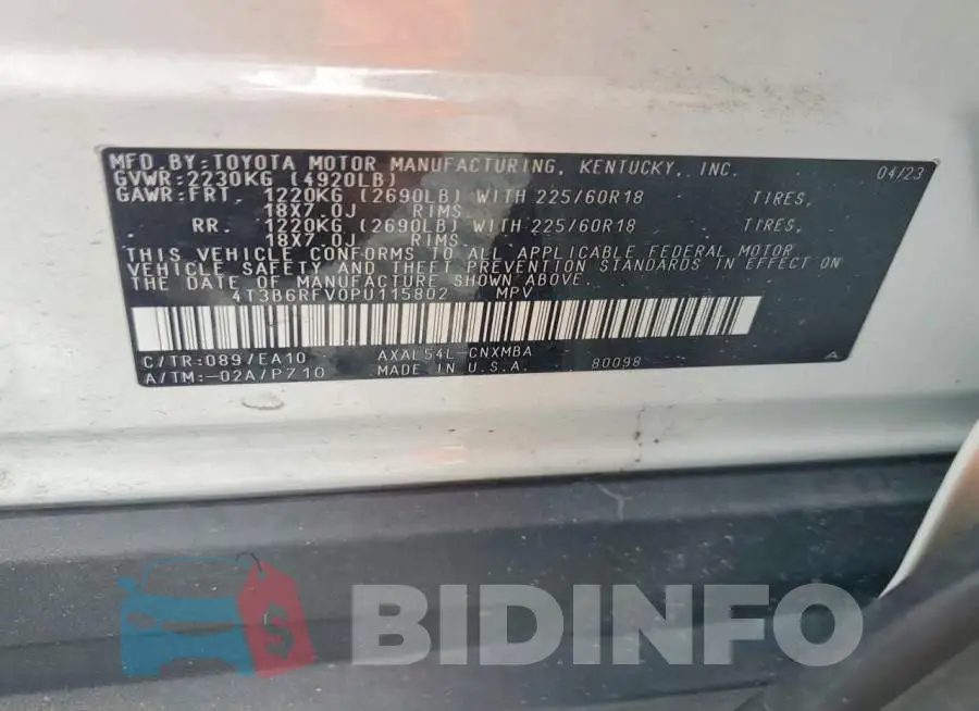 4T3B6RFV0PU115802 Photo# 13