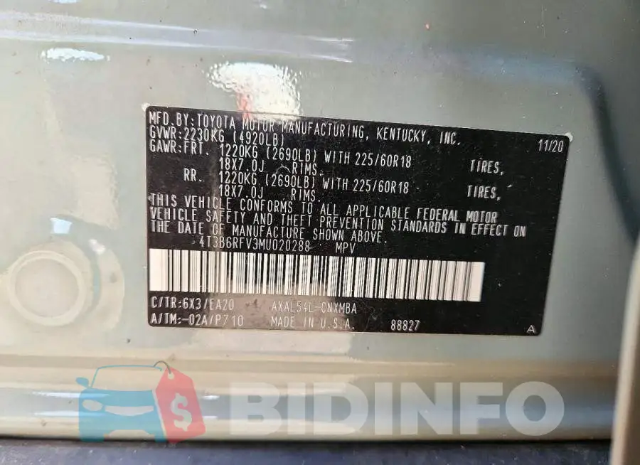 4T3B6RFV3MU020288 Photo# 13