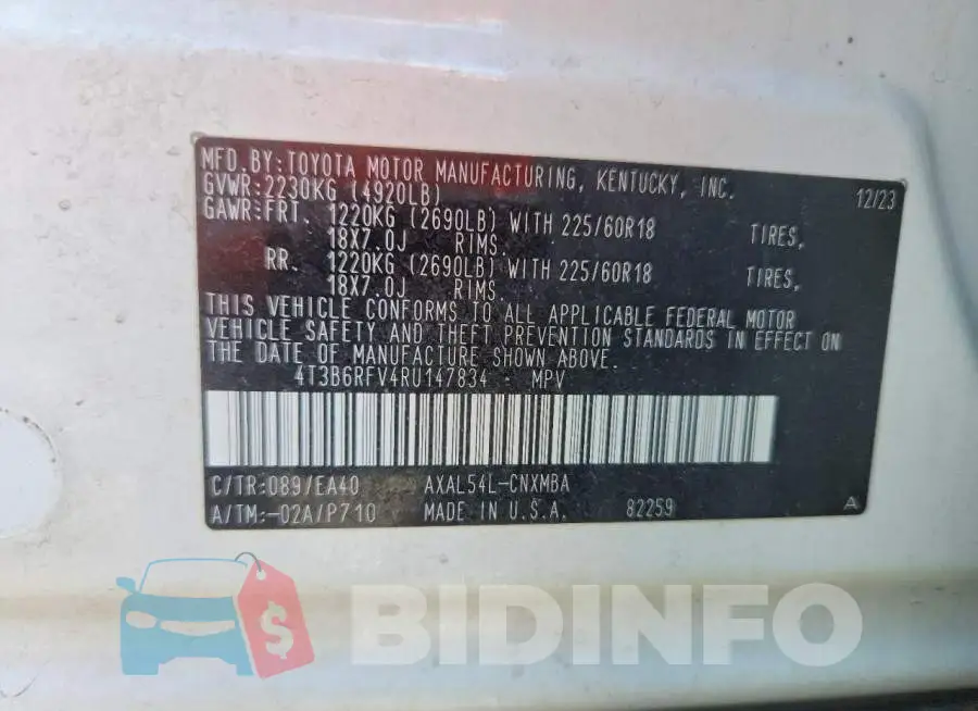 4T3B6RFV4RU147834 Photo# 13