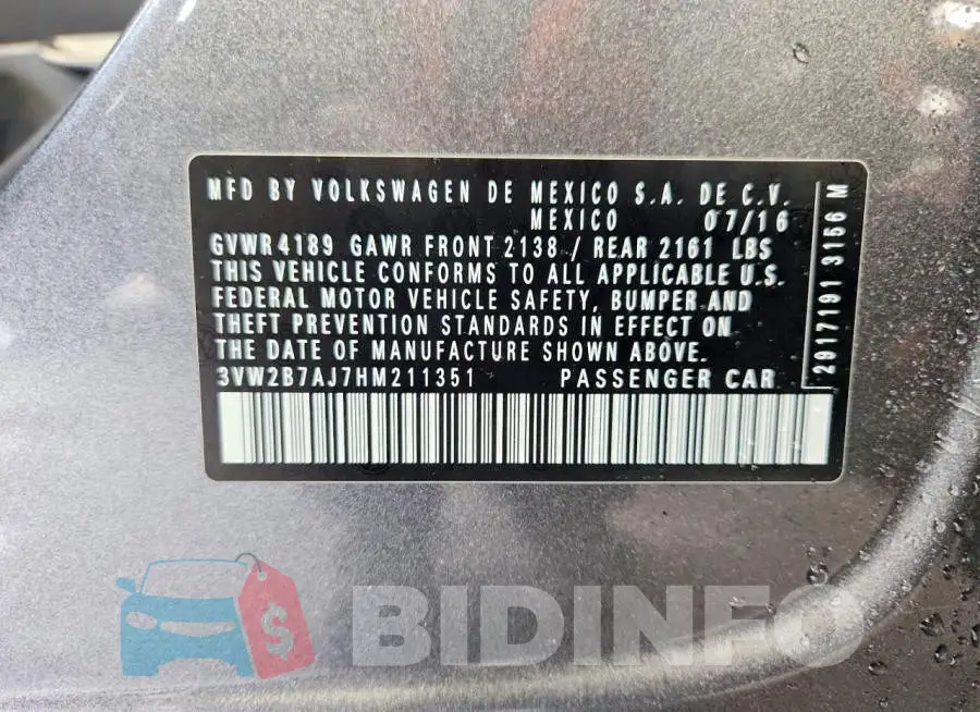 3VW2B7AJ7HM211351 Photo# 13