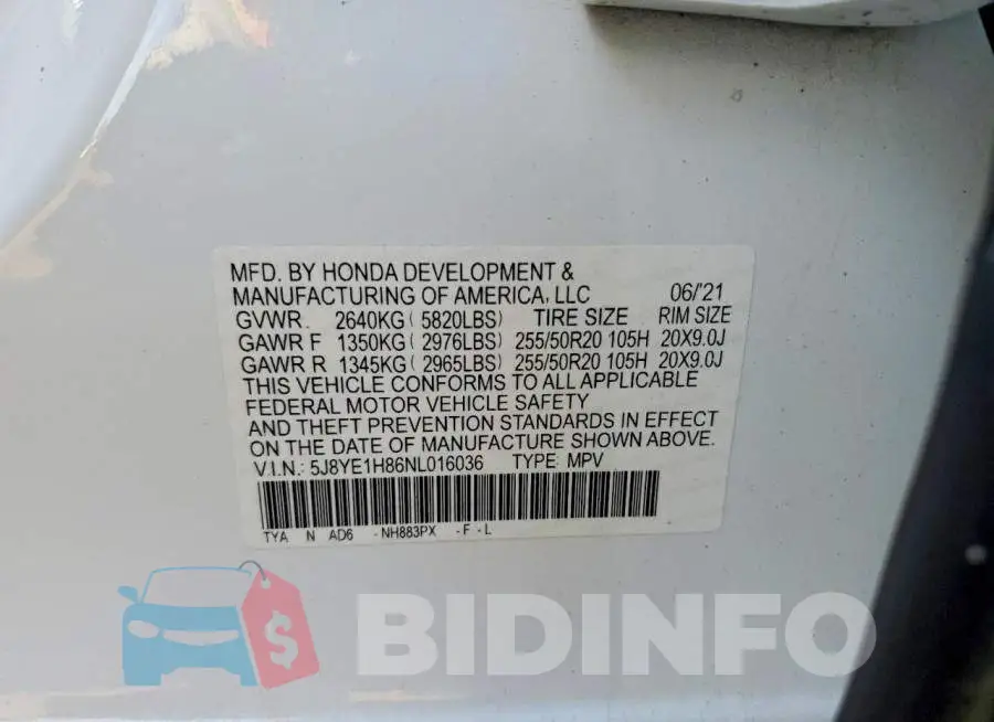 5J8YE1H86NL016036 Photo# 13