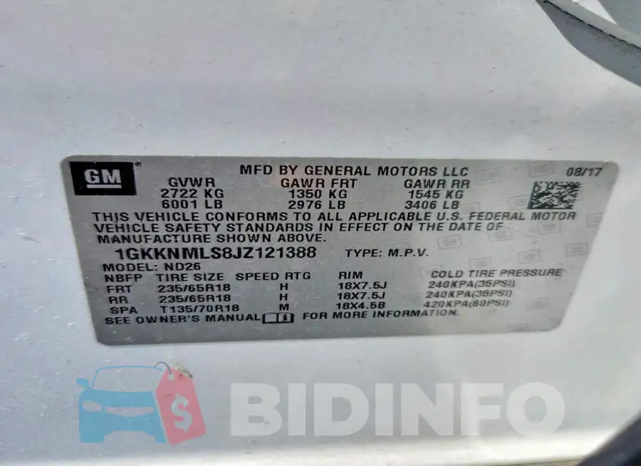 1GKKNMLS8JZ121388 Photo# 13