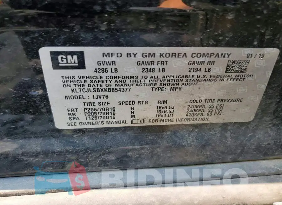 KL7CJLSBXKB854377 Photo# 12