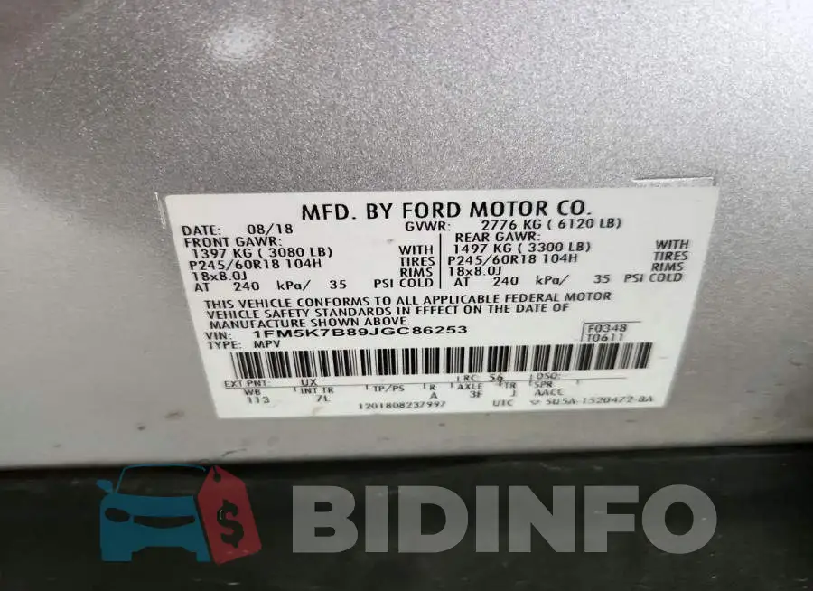 1FM5K7B89JGC86253 Photo# 13
