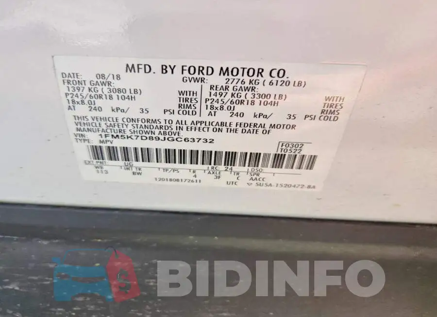 1FM5K7D89JGC63732 Photo# 14