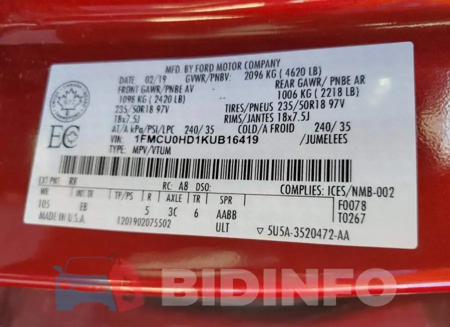 1FMCU0HD1KUB16419 Photo# 13