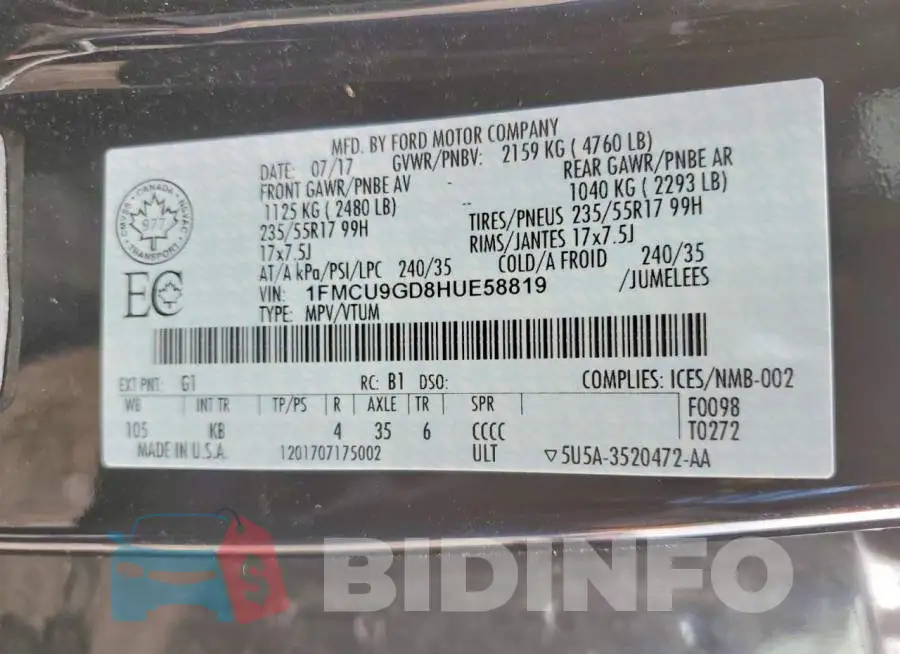 1FMCU9GD8HUE58819 Photo# 13